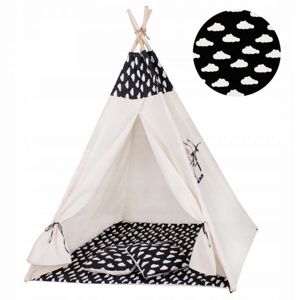 Sersimo Teepee gyermek indiánsátor ablakkal, vastag szőnyeggel és 2 párnával, fekete-fehér felhőkkel - Image 2