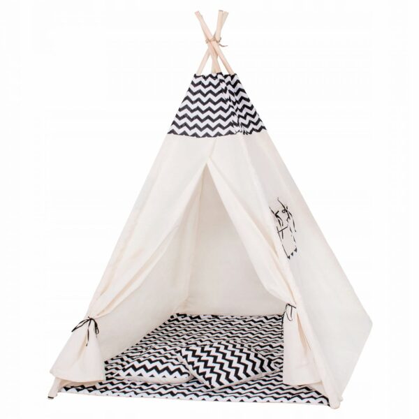 Sersimo Teepee gyermek indiánsátor ablakkal, vastag szőnyeggel és 2 párnával, fehér fekete cikkcakk - Image 2