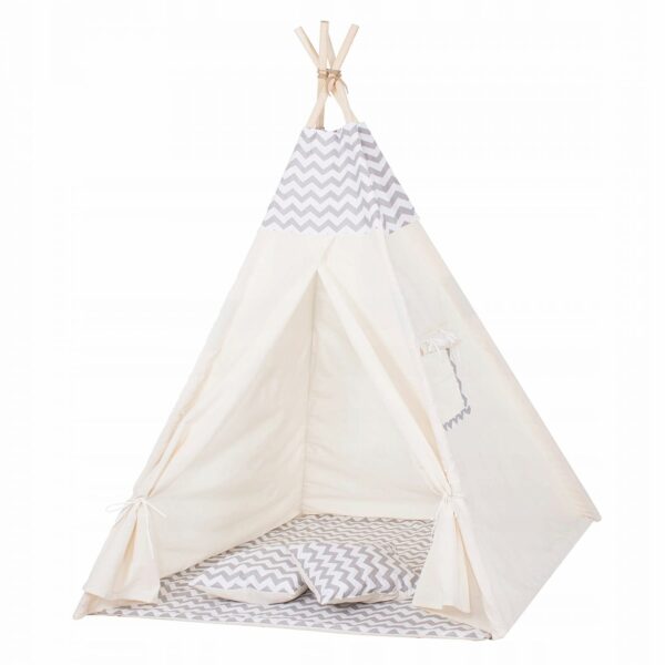 Sersimo Teepee gyermek indiánsátor ablakkal, vastag szőnyeggel és 2 párnával, fehér világosszürke cikk-cakk - Image 2