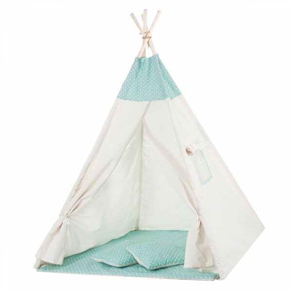 Cort copii Sersimo stil indian Teepee Tent cu fereastra, covoras gros si 2 perne, alb verde menta cu puncte - Image 2