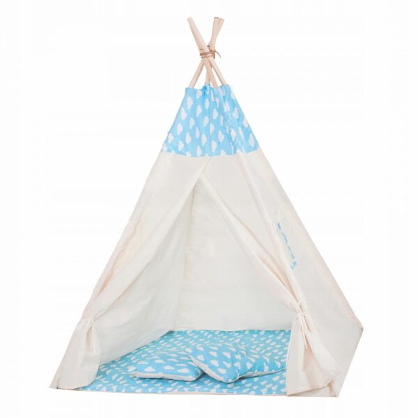 Cort copii Sersimo stil indian Teepee Tent cu fereastra, covoras gros si 2 perne, alb albastru deschis cu norisori - Image 2