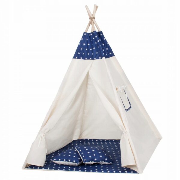 Sersimo Teepee gyermek indiánsátor ablakkal, vastag szőnyeggel és 2 párnával, fehér sötétkék csillagokkal - Image 2