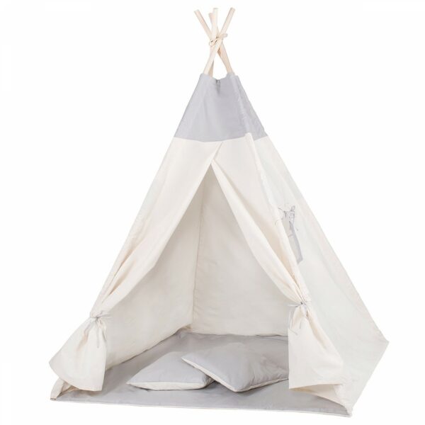 Sersimo Teepee gyermek indiánsátor ablakkal, vastag szőnyeggel és 2 párnával, fehér szürke monokróm - Image 2