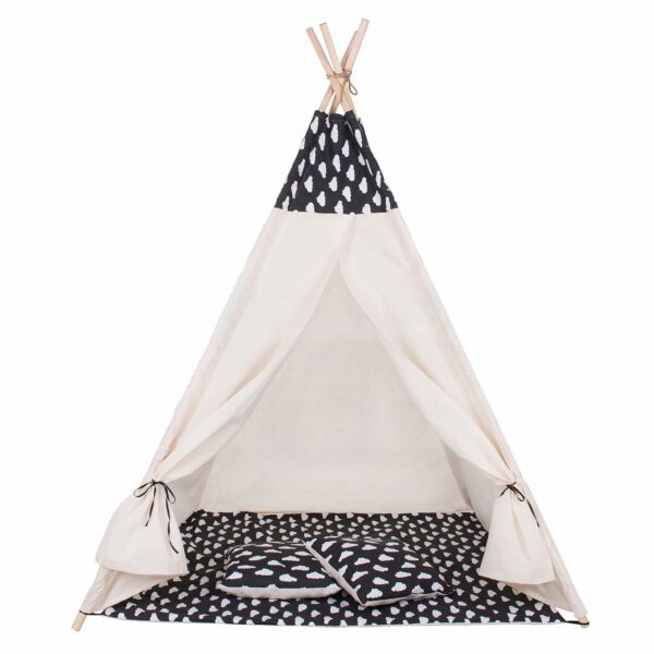 Sersimo Teepee gyermek indiánsátor ablakkal, vastag szőnyeggel és 2 párnával, fekete-fehér felhőkkel - Image 11
