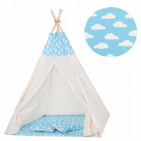 Cort copii Sersimo stil indian Teepee Tent cu fereastra, covoras gros si 2 perne, alb albastru deschis cu norisori - Image 12