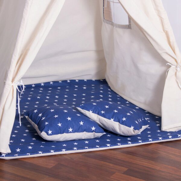Sersimo Teepee gyermek indiánsátor ablakkal, vastag szőnyeggel és 2 párnával, fehér sötétkék csillagokkal - Image 12
