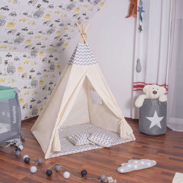 Sersimo Teepee gyermek indiánsátor ablakkal, vastag szőnyeggel és 2 párnával, fehér világosszürke cikk-cakk - Image 13