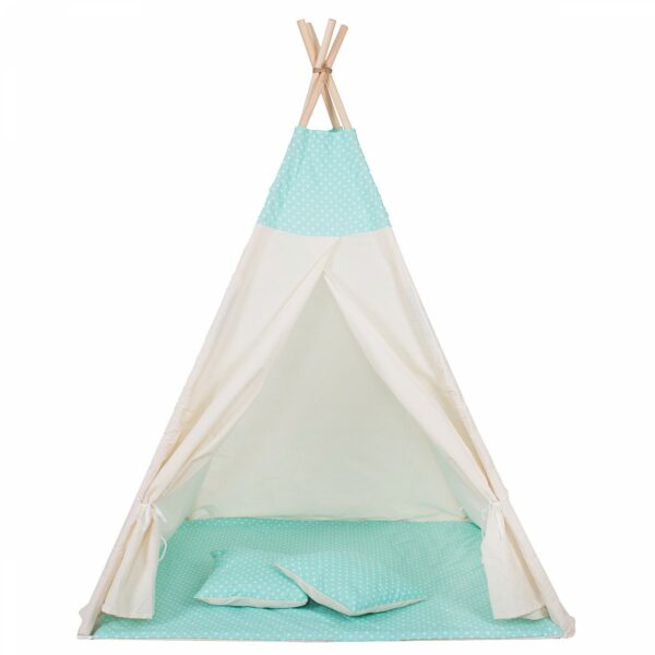 Cort copii Sersimo stil indian Teepee Tent cu fereastra, covoras gros si 2 perne, alb verde menta cu puncte - Image 13
