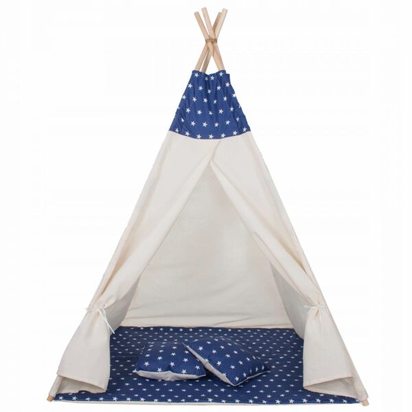Sersimo Teepee gyermek indiánsátor ablakkal, vastag szőnyeggel és 2 párnával, fehér sötétkék csillagokkal - Image 13