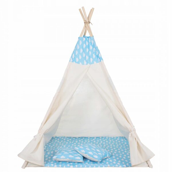 Cort copii Sersimo stil indian Teepee Tent cu fereastra, covoras gros si 2 perne, alb albastru deschis cu norisori - Image 14