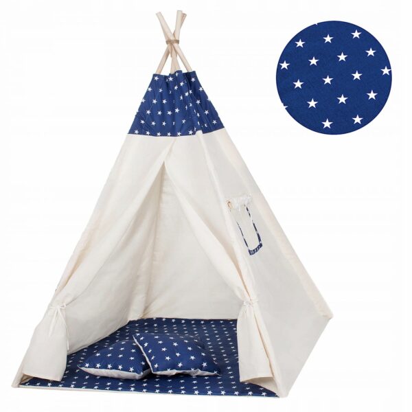 Sersimo Teepee gyermek indiánsátor ablakkal, vastag szőnyeggel és 2 párnával, fehér sötétkék csillagokkal - Image 14