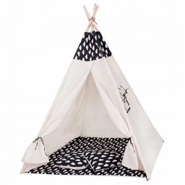 Sersimo Teepee gyermek indiánsátor ablakkal, vastag szőnyeggel és 2 párnával, fekete-fehér felhőkkel - Image 3