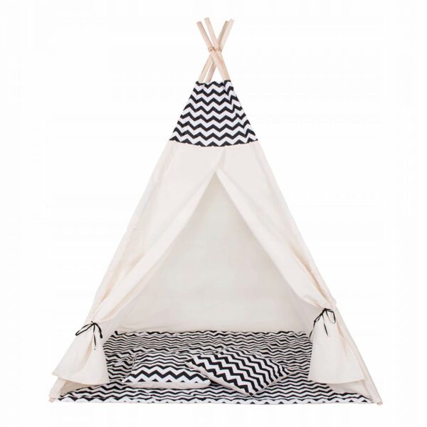 Sersimo Teepee gyermek indiánsátor ablakkal, vastag szőnyeggel és 2 párnával, fehér fekete cikkcakk - Image 3