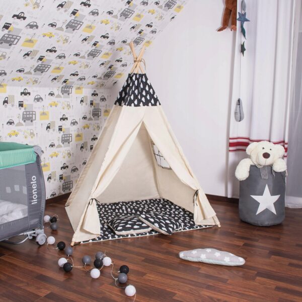Sersimo Teepee gyermek indiánsátor ablakkal, vastag szőnyeggel és 2 párnával, fekete-fehér felhőkkel - Image 4
