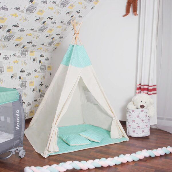 Cort copii Sersimo stil indian Teepee Tent cu fereastra, covoras gros si 2 perne, alb verde menta cu puncte - Image 4