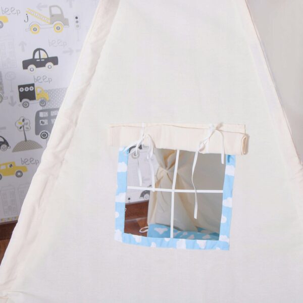 Cort copii Sersimo stil indian Teepee Tent cu fereastra, covoras gros si 2 perne, alb albastru deschis cu norisori - Image 4