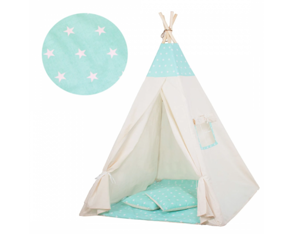Cort copii Sersimo stil indian Teepee Tent cu fereastra, covoras gros si 2 perne, alb verde menta cu stelute - Image 2