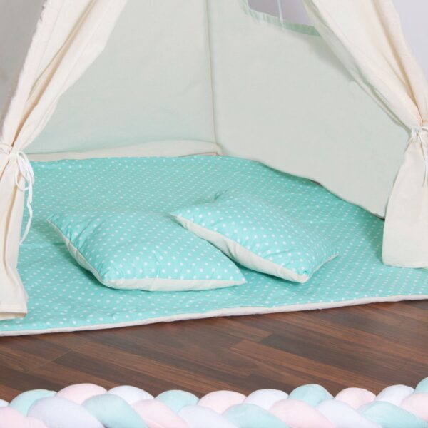 Cort copii Sersimo stil indian Teepee Tent cu fereastra, covoras gros si 2 perne, alb verde menta cu puncte - Image 5