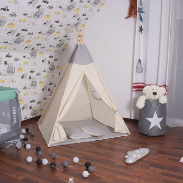 Sersimo Teepee gyermek indiánsátor ablakkal, vastag szőnyeggel és 2 párnával, fehér szürke monokróm - Image 5