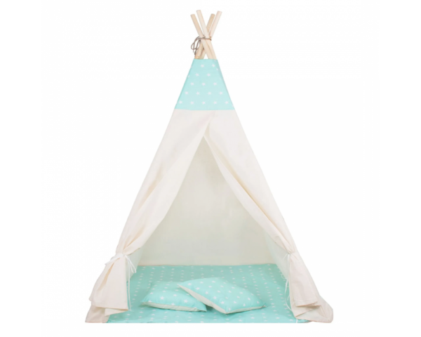 Cort copii Sersimo stil indian Teepee Tent cu fereastra, covoras gros si 2 perne, alb verde menta cu stelute - Image 3
