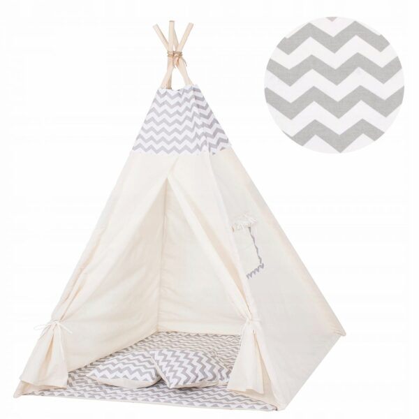 Sersimo Teepee gyermek indiánsátor ablakkal, vastag szőnyeggel és 2 párnával, fehér világosszürke cikk-cakk - Image 6