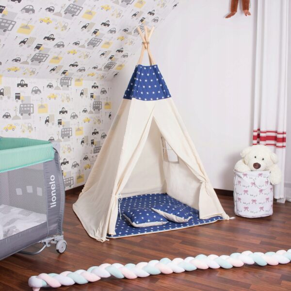 Sersimo Teepee gyermek indiánsátor ablakkal, vastag szőnyeggel és 2 párnával, fehér sötétkék csillagokkal - Image 6