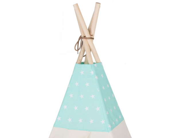 Cort copii Sersimo stil indian Teepee Tent cu fereastra, covoras gros si 2 perne, alb verde menta cu stelute - Image 4