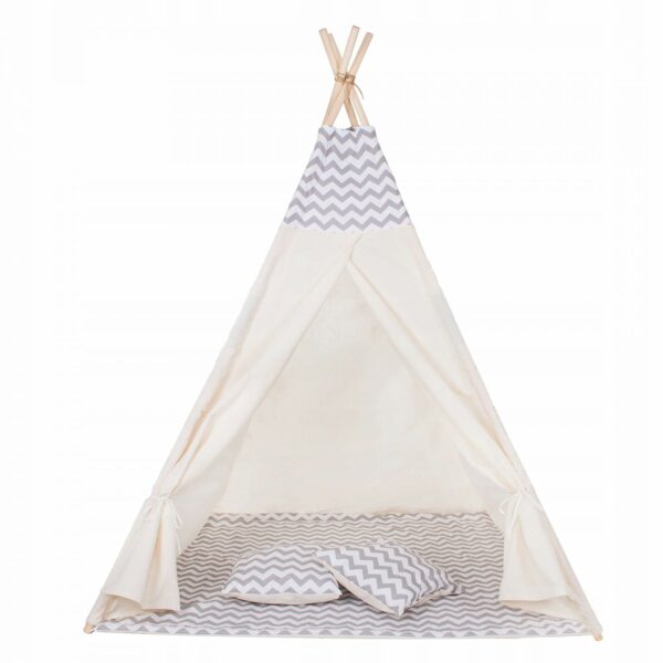 Sersimo Teepee gyermek indiánsátor ablakkal, vastag szőnyeggel és 2 párnával, fehér világosszürke cikk-cakk - Image 7