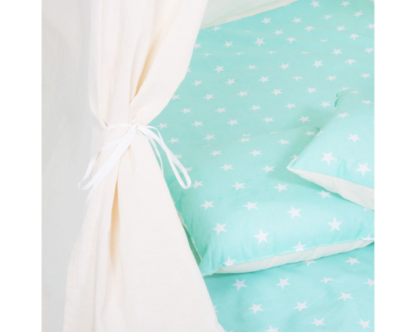 Cort copii Sersimo stil indian Teepee Tent cu fereastra, covoras gros si 2 perne, alb verde menta cu stelute - Image 5