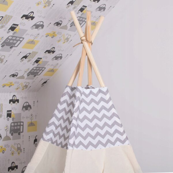 Sersimo Teepee gyermek indiánsátor ablakkal, vastag szőnyeggel és 2 párnával, fehér világosszürke cikk-cakk - Image 8