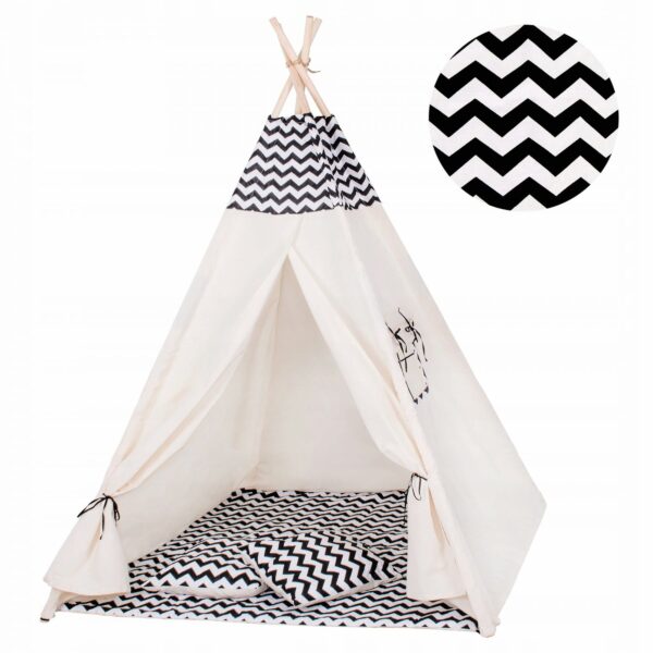 Sersimo Teepee gyermek indiánsátor ablakkal, vastag szőnyeggel és 2 párnával, fehér fekete cikkcakk - Image 9