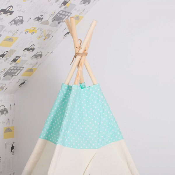 Cort copii Sersimo stil indian Teepee Tent cu fereastra, covoras gros si 2 perne, alb verde menta cu puncte - Image 9