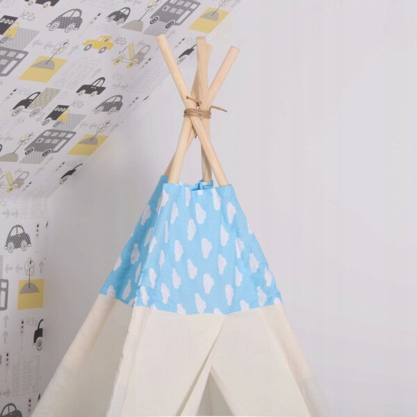 Cort copii Sersimo stil indian Teepee Tent cu fereastra, covoras gros si 2 perne, alb albastru deschis cu norisori - Image 9