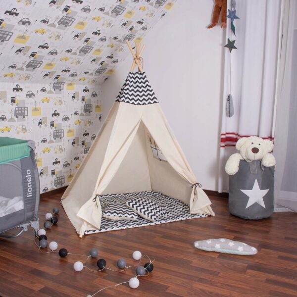 Sersimo Teepee gyermek indiánsátor ablakkal, vastag szőnyeggel és 2 párnával, fehér fekete cikkcakk - Image 10