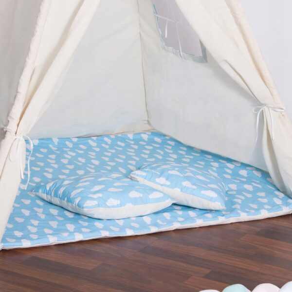 Cort copii Sersimo stil indian Teepee Tent cu fereastra, covoras gros si 2 perne, alb albastru deschis cu norisori - Image 10