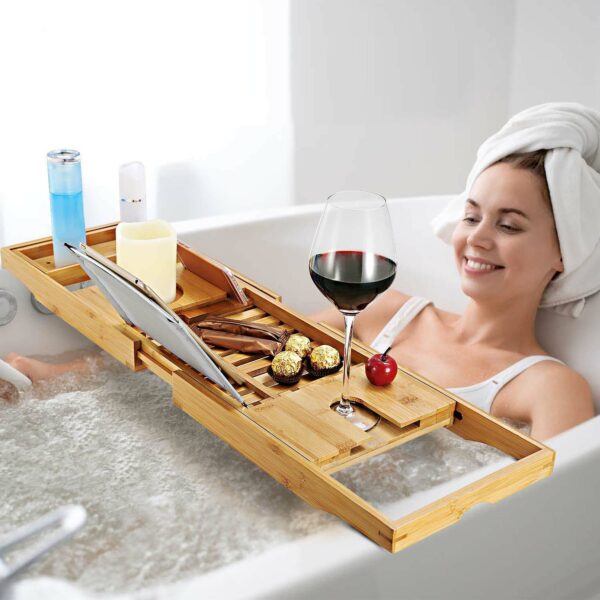 (DL) Raft cu tava pentru cada din bambus natural Sersimo, extensibila, 69-104x23cm - Image 5