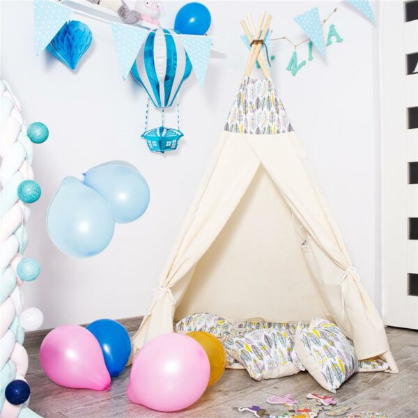 Cort copii Sersimo stil indian Teepee Tent cu fereastra, covoras gros si 2 perne, cu flori - Image 10