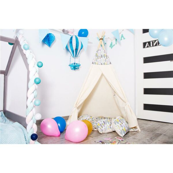 Cort copii Sersimo stil indian Teepee Tent cu fereastra, covoras gros si 2 perne, cu flori - Image 11