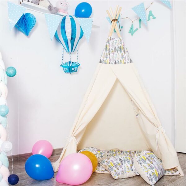 Cort copii Sersimo stil indian Teepee Tent cu fereastra, covoras gros si 2 perne, cu flori - Image 12