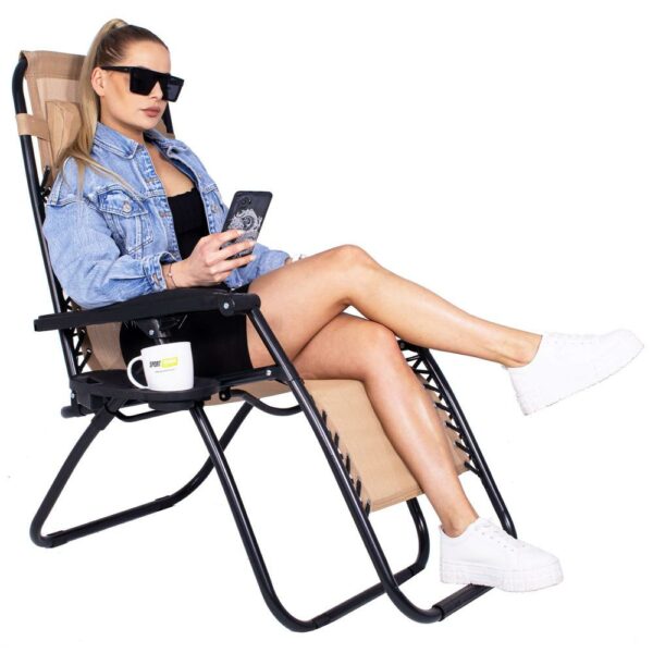 Sezlong scaun pliant plaja sau gradina, Siesta, gravitatie zero, cu tetiera, 175x67x110 cm, taupe - Image 13