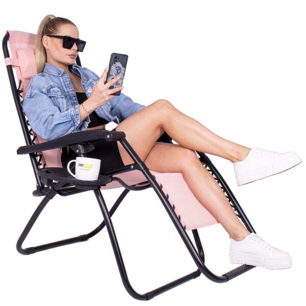 Sezlong scaun pliant plaja sau gradina, Siesta, gravitatie zero, cu tetiera, 175x67x110 cm, roz - Image 16