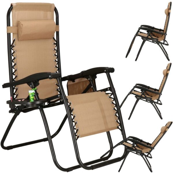 Sezlong scaun pliant plaja sau gradina, Siesta, gravitatie zero, cu tetiera, 175x67x110 cm, taupe - Image 2