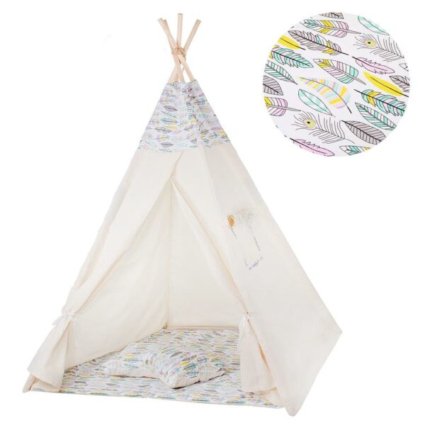 Cort copii Sersimo stil indian Teepee Tent cu fereastra, covoras gros si 2 perne, cu flori - Image 2