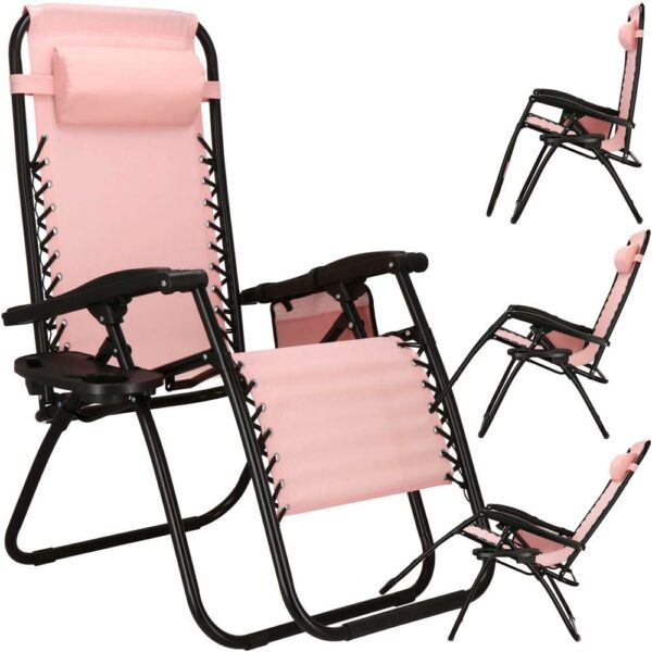 Sezlong scaun pliant plaja sau gradina, Siesta, gravitatie zero, cu tetiera, 175x67x110 cm, roz - Image 4