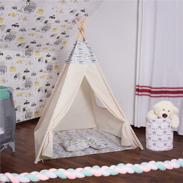 Cort copii Sersimo stil indian Teepee Tent cu fereastra, covoras gros si 2 perne, cu flori - Image 3