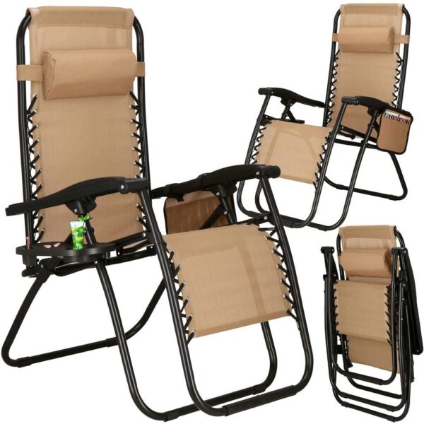 Sezlong scaun pliant plaja sau gradina, Siesta, gravitatie zero, cu tetiera, 175x67x110 cm, taupe - Image 4