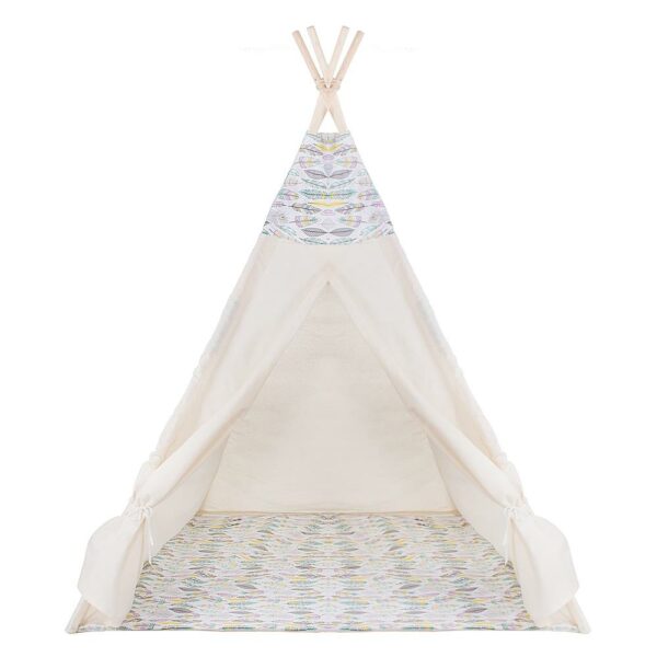 Cort copii Sersimo stil indian Teepee Tent cu fereastra, covoras gros si 2 perne, cu flori - Image 9