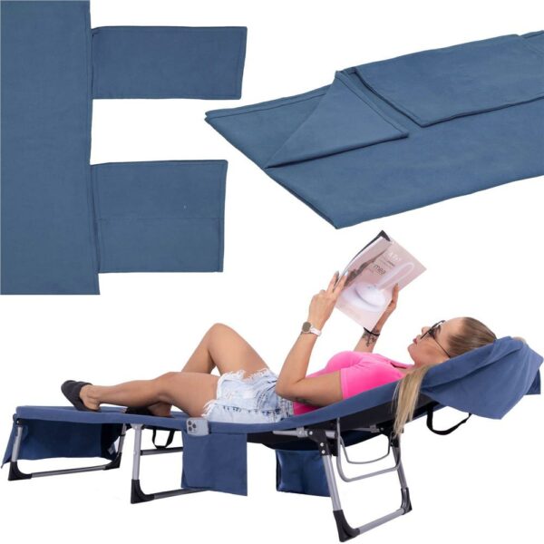 Prosop de plaja pentru sezlong cu uscare de rapida, geanta de transport, 75x210cm, albastru inchis - Image 13