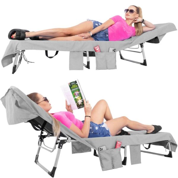 Prosop de plaja pentru sezlong cu uscare de rapida, geanta de transport, 75x210cm, gri - Image 14