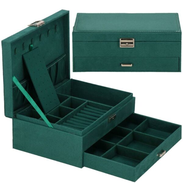 Cutie depozitare si organizare bijuterii, velur, 27 x 19 x 10,5 cm, verde